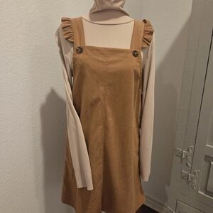 Stylish Tan Corduroy Pinafore Dress with Turtleneck